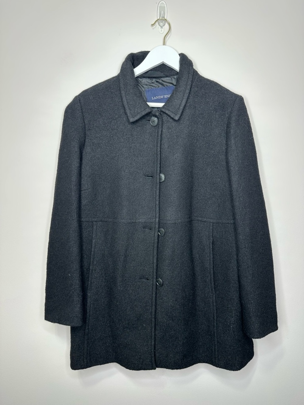 Lands' End Women's Black Wool Blend Button-Front Coat‎ size 14 petite